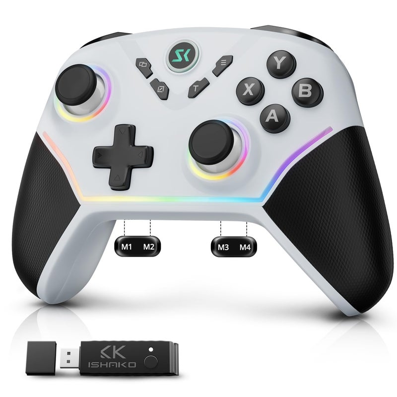 ISHAKO Wireless Gaming Controller with Hall Effect Joysticks&Triggers, 1200mAh Battery, 1000Hz Polling Rate, 4 Back Buttons, RGB Lighting – Works with PC Windows/Mac/Steam/Luna/Tesla/Switch- White - Image 1